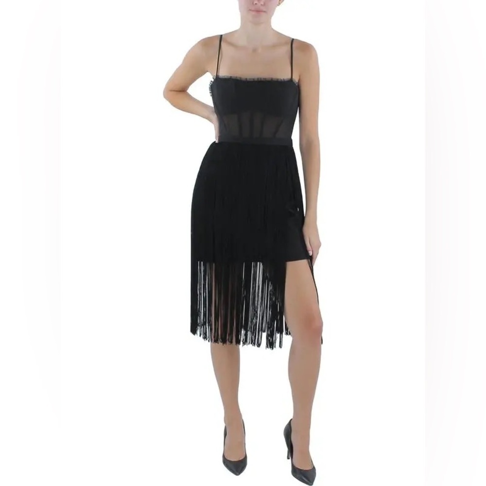 NWT BCBGMAXAZRIA Black Sheer Corset‎ Fringe Dress Size 2 Cocktail LBD